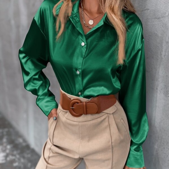 Black Classic button up Satin Boyfriend Work Top Minimalist - Picture 11 of 16